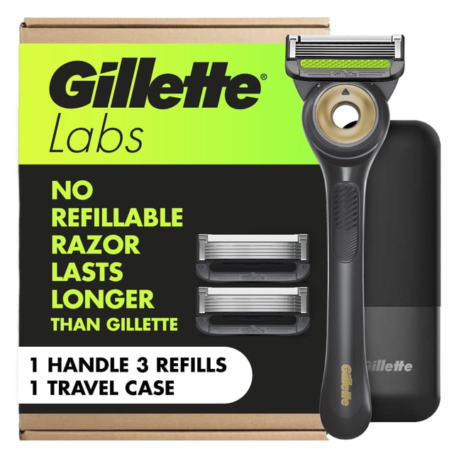 GilletteLabs con barra exfoliante de afeitar para hombres, 1 asa, 3 recambios de cuchillas, incluye funda de viaje para un almacenamiento cómodo sobre la marcha, regalos de día f