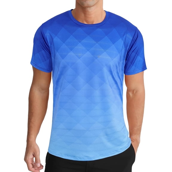 APTRO Men's and Big Men's Workout Shirt Athletic Core Shirt Quick Dry Moisture Wicking Short Sleeve Performance T-Shirt Grid Gradient Deep Blue,Sizes S-3XL