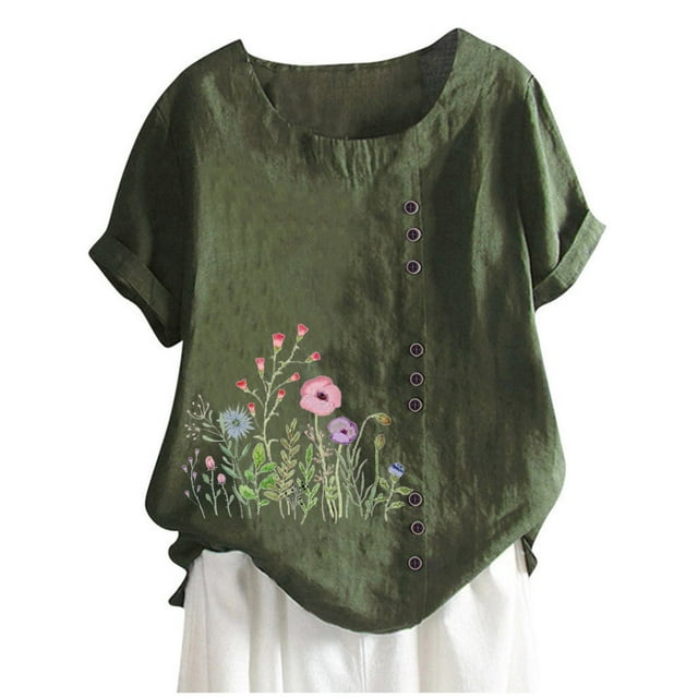 Camiseta Casual de Manga Corta con Botón de Cuello Redondo de las Mujeres, Tops Cortos para las Mujeres
