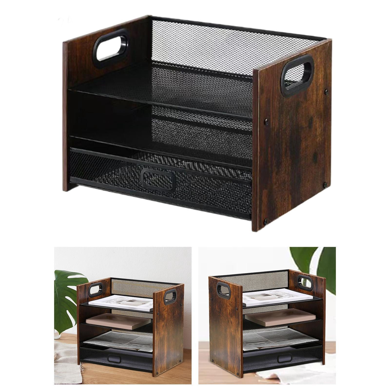 koolsoo Desktop File Organizer, Wood Desk Organizer, Tiered,Wooden Paper Tray with Handle for Home Papers Notebooks 3 Tier