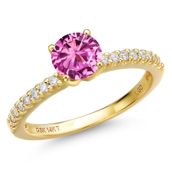 Gem Stone King 14K Yellow Gold Pink Created Sapphire and Lab Grown Diamond Engagement Ring for Women | 1.16 Cttw | Round 6MM | Gemstone September Birthstone | Size 7