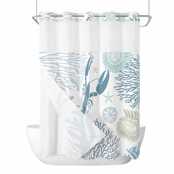 No Hook Shower Curtains with Snap-in Liner Set, Teal Blue Coastal Waterproof Hotel Style Bathroom Shower Curtain, Summer Lobster Coral Nautical Breathable Mesh Top Window Bath Curtains 60''x72''