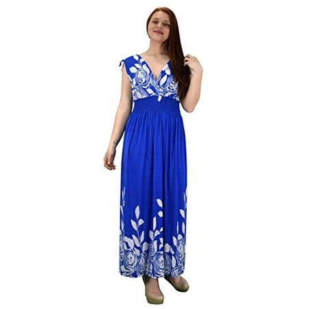 Gypsy Maxi - Peach Couture Gypsy Floral Rose Print Sleeveless Elastic Waist Boho Maxi Dress Blue Large