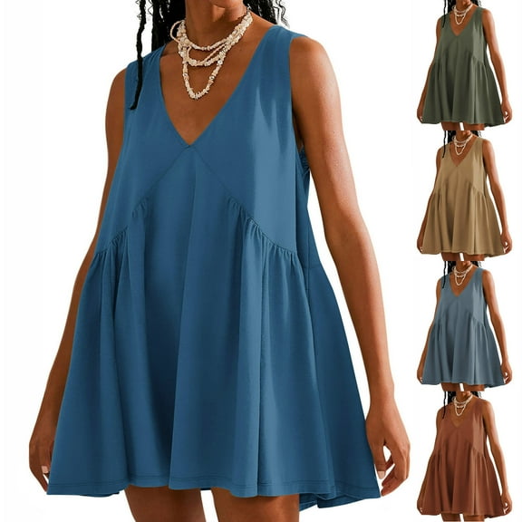 Axiiglly Summer Dresses for Women V Neck Mini Dress Casual Solid Color Loose Sundresses Pleated Flowy Beach Dress with Pockets Sleeveless Swing Vacation Dress