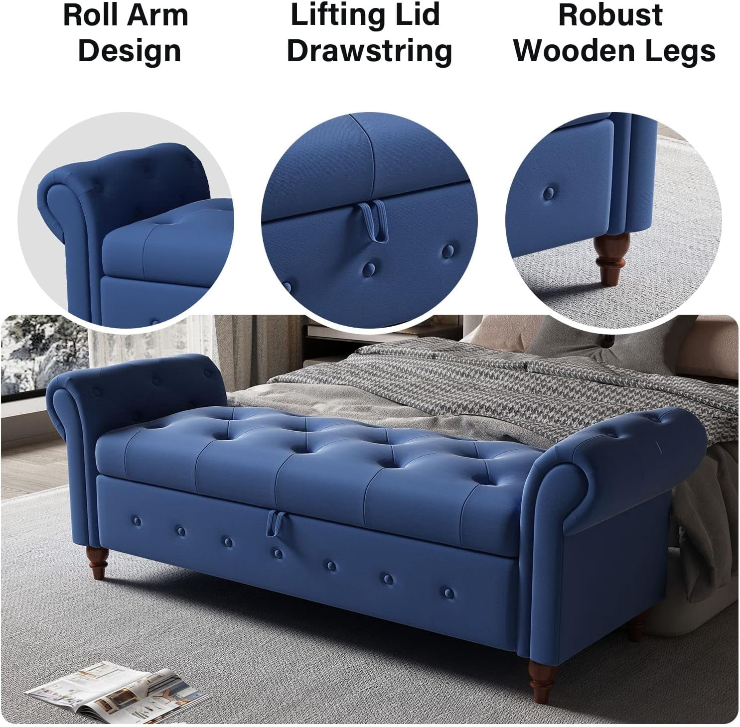 Miniyam 63" Storage Ottoman Bench with Rolled Arms, Button Tufted End of Bed Bench for Bedroom, Blue