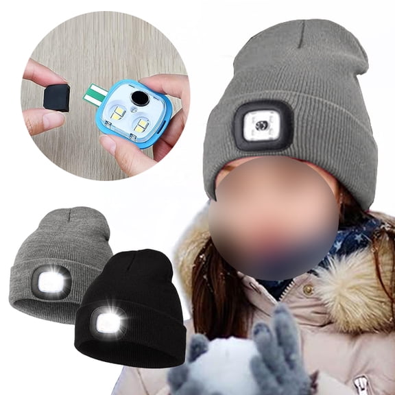 Children LED Beanie Hat with Light Rechargeable Headlamp Cap, IC ICLOVER Unisex Winter Warm Knitted Hats, Headlight Flashlight Beanie for Kids Boys Girls Gray