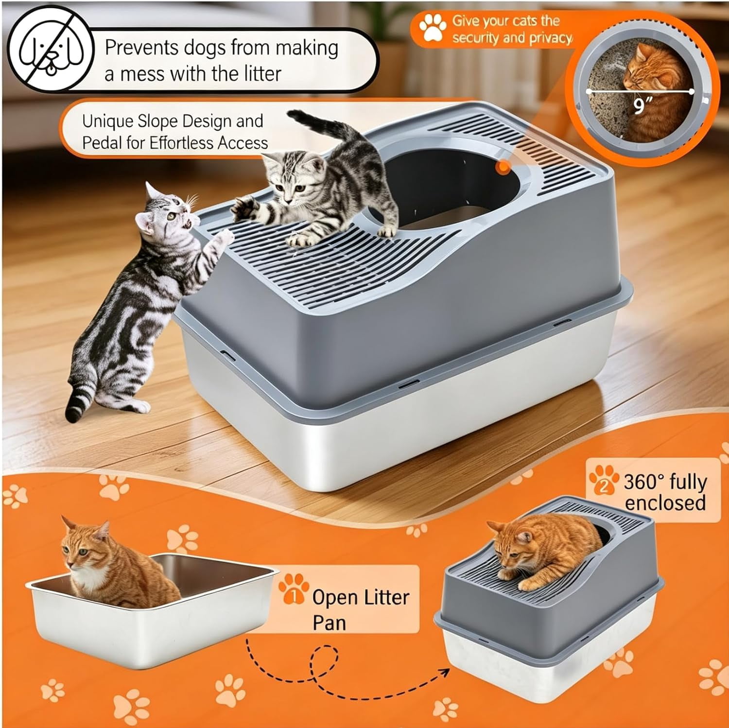 Kettnjoy Top Entry Cat Litter Box with Lid, Stainless Steel XL Enclosed Cat Kitty Litterbox, Extra Large Metal High Side Litter Pan Tray Box Enclosure Easy Cleaning Anti-Leakage, Gray