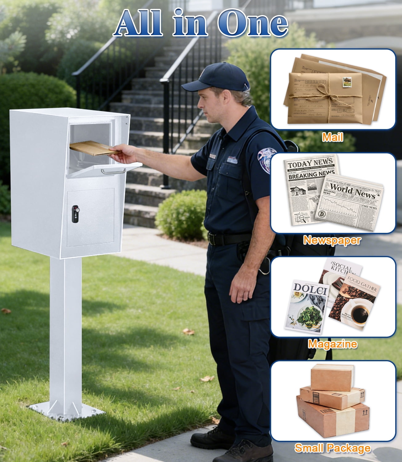 Esheno Secure Locking Mailbox Galvanized Steel with Combination Lock Key Anti Theft Rainproof for Packages Mail White