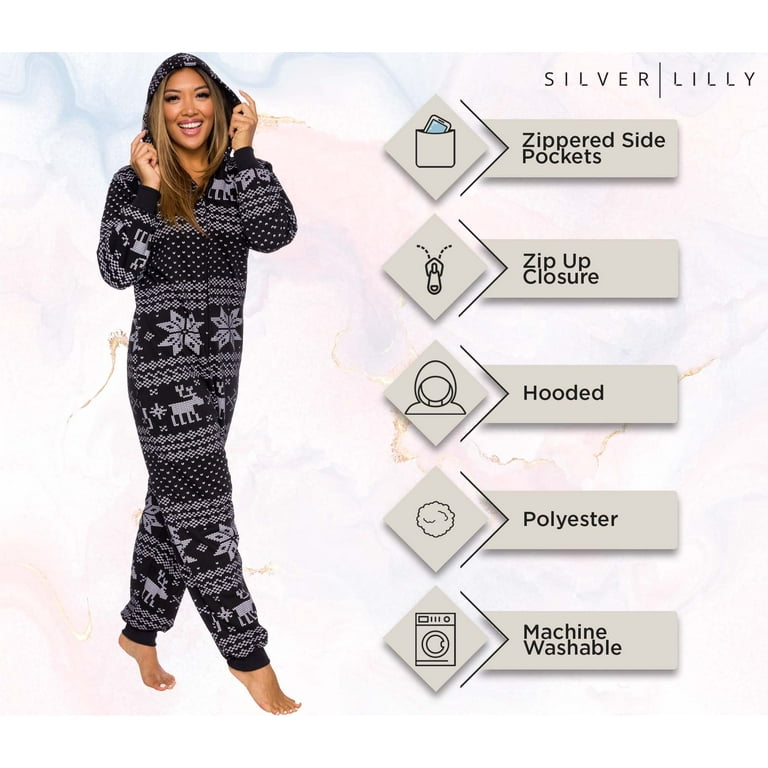 Womens Fair Isle Holiday Onesie Pajamas with Hood Warm Soft Comfy Holiday One Piece PJs by Silver Lilly Black Medium Walmart