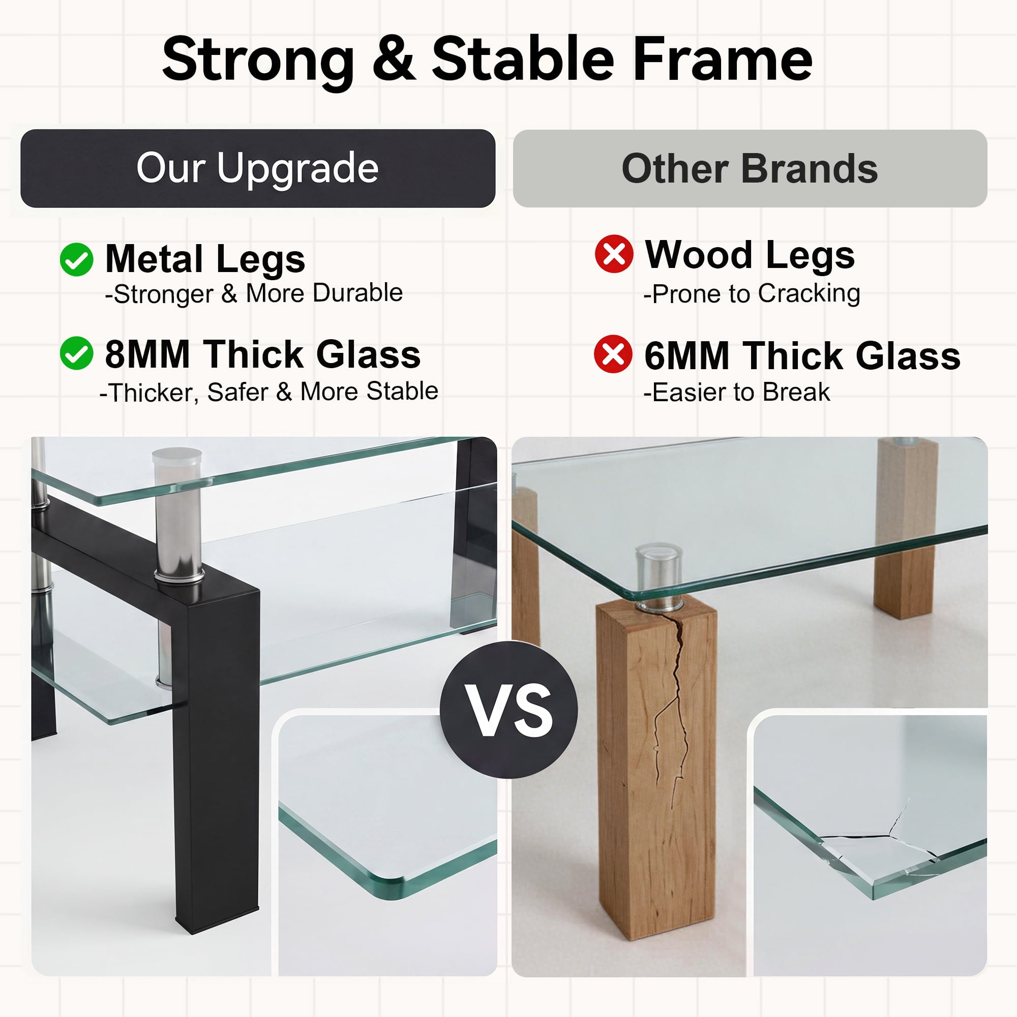 Glass Coffee Table with Lower Shelf, Holaki Modern Rectangular Tempered Glass Center Table with Metal Legs for Living Room, Black