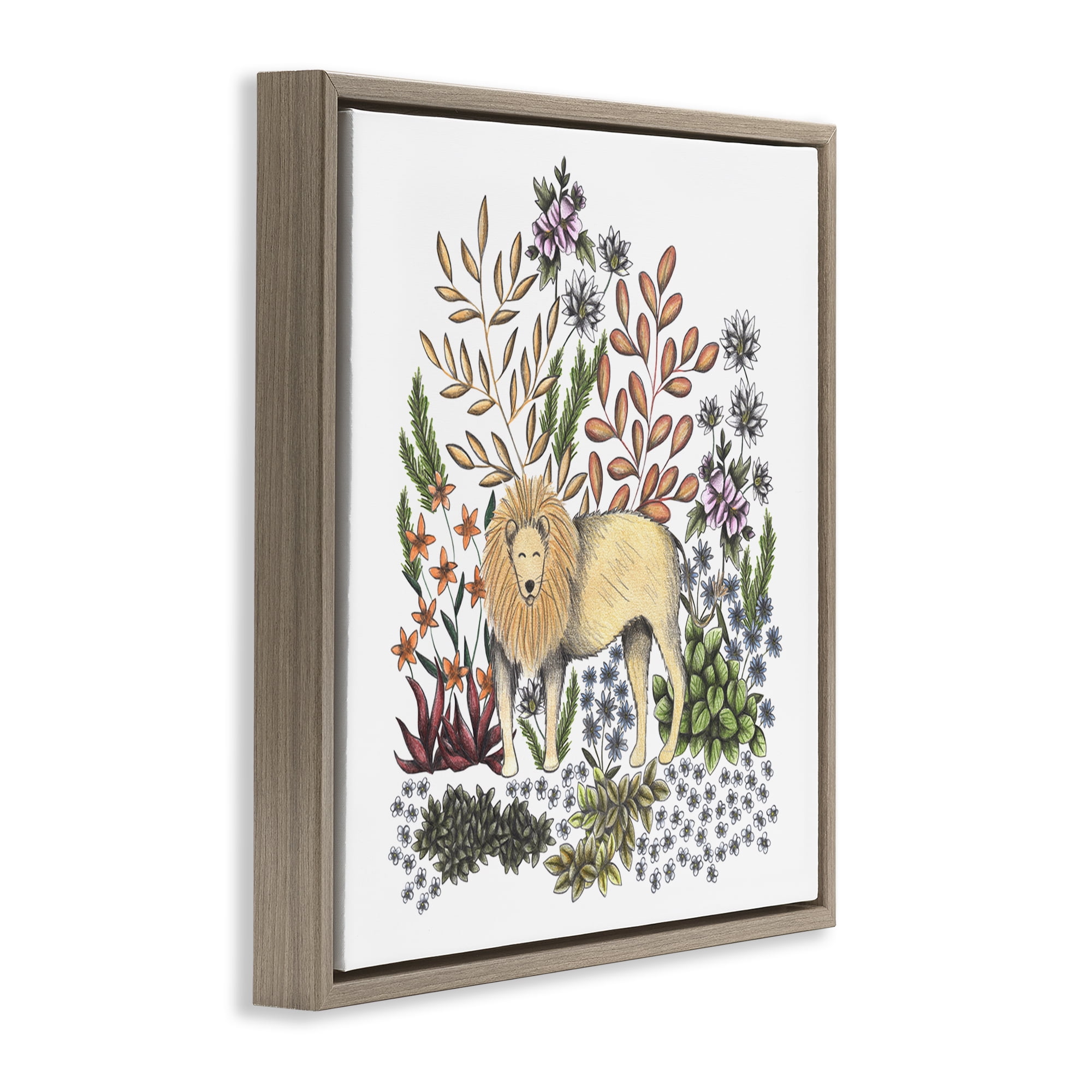 Jungle Wildlife Lion Brown Framed Floater Canvas Wall Art, design by Cecilia Battaini