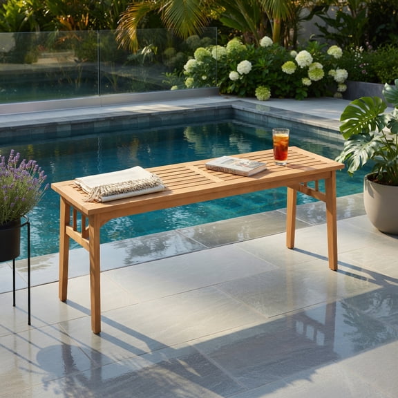 Hommoo 48" Acacia Wood Bench, Wooden Bench with Breathable Slat Seat, Triangular Support Frame, for Dining Room, Patio, Entryway & Garden, Natural