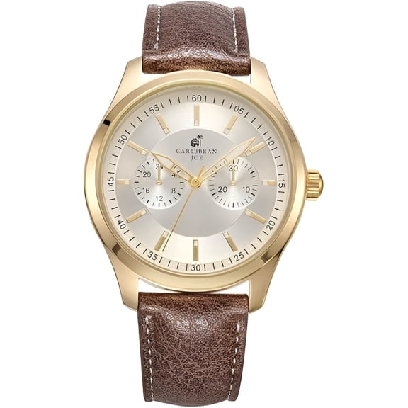 Carribean Joe Men's Analog Watch, Gold-Tone Round Case,Quartz Movement, Decorative Subdial Design, Brown Vegan Leather Strap Wrist Watch for men