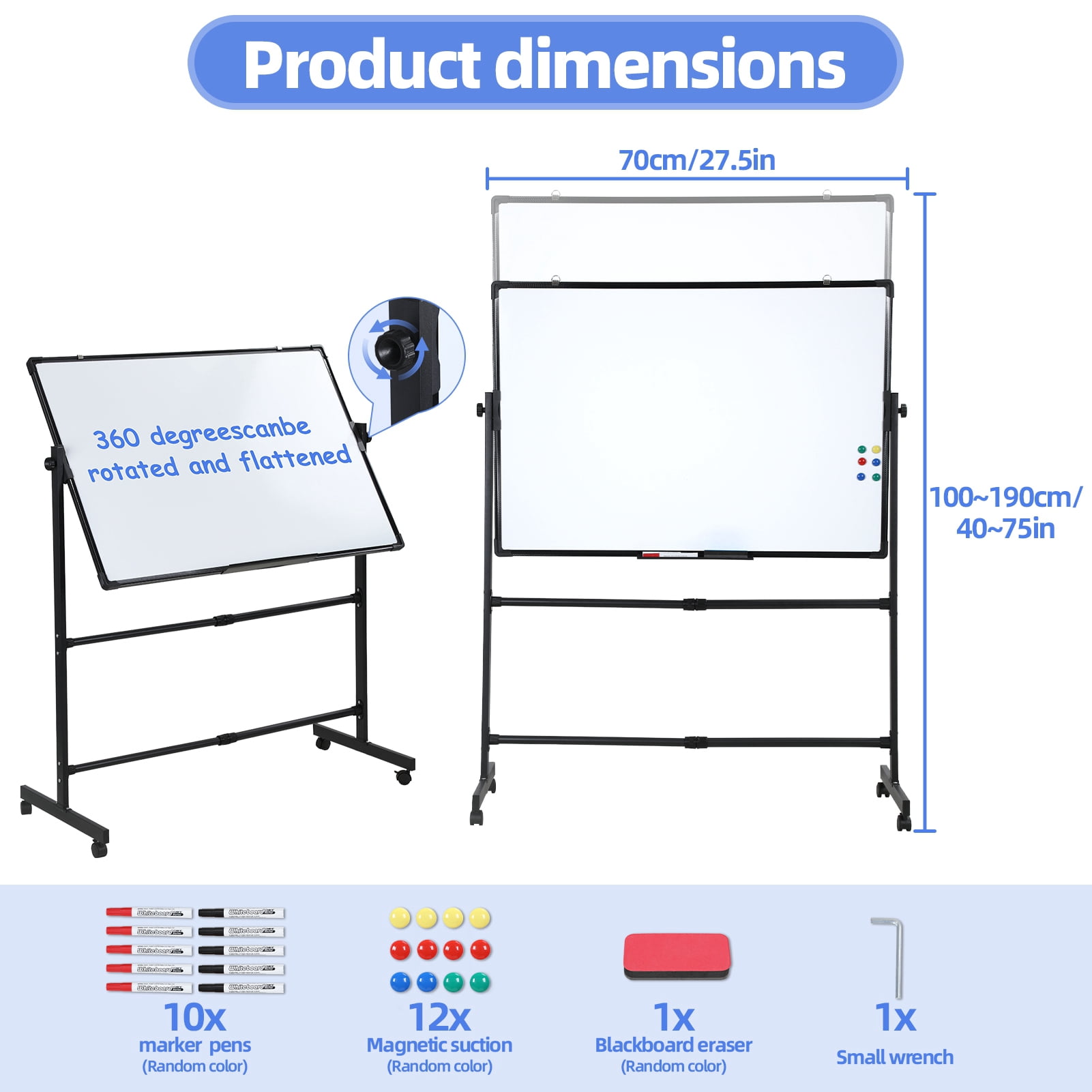 Rolling Dry Erase Board, 40 x 28 Inch Large Magnetic Mobile Standing Whiteboard, Height Adjustable Double Sided Easel Style White Board with Stand for Office, Classroom & Home