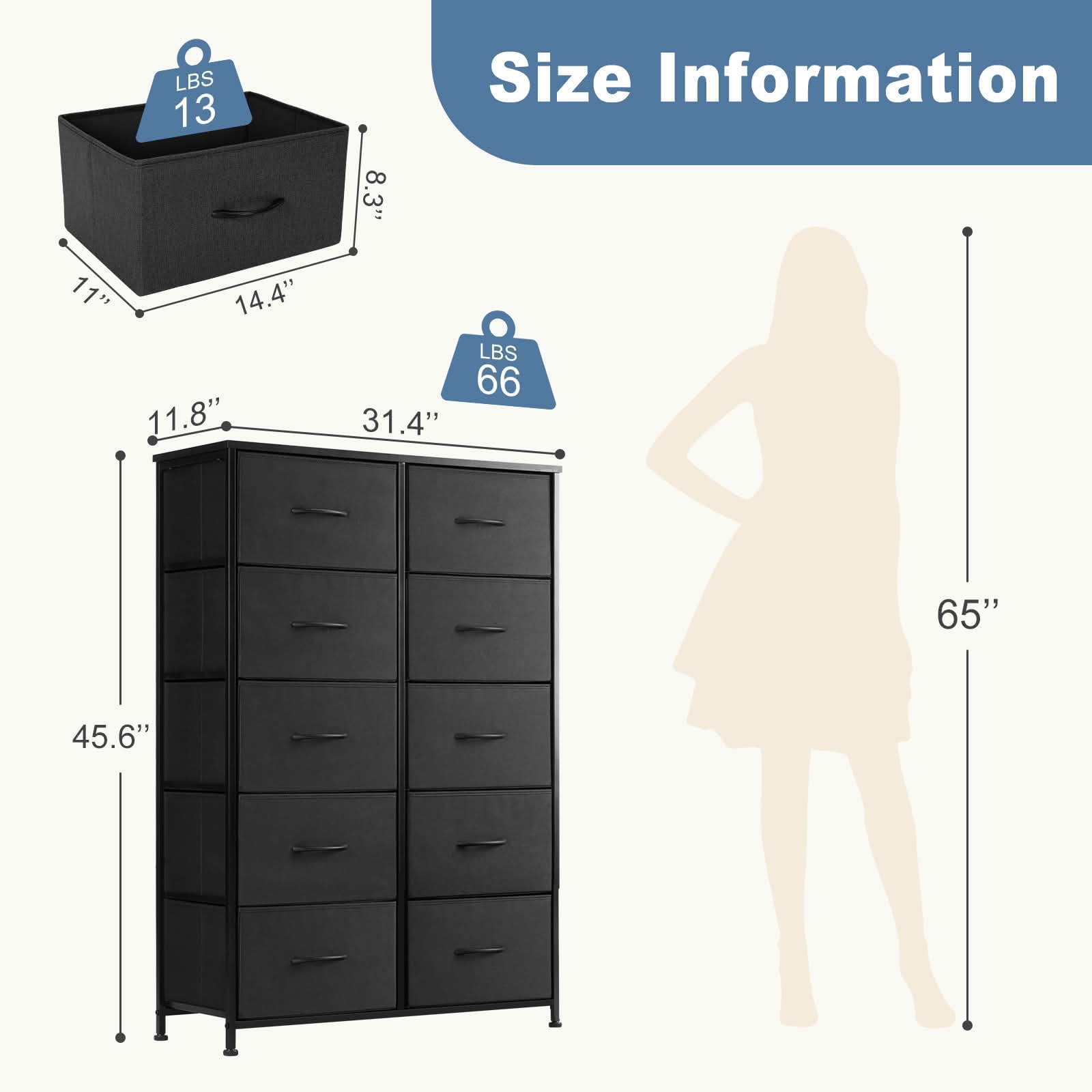 MAYEERTY 10-Drawer Tall Fabric Storage Tower Dresser with Wooden Top, Steel Frame Organizer Cabinet for Nursery Bedroom Closet Entryway