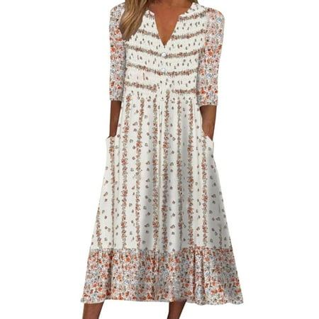 

Spring Dresses for Women 2023 Floral Printing V-Neck Dress Fashion Casual Middle Sleeve Loose Pocket Dress Khaki S