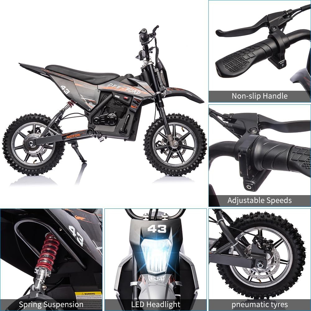 Historyli 36V Ride On Dirt Bike,Electric Off Road Motorcycle with 500W Brushed Motor,Fast Speed Up to 15.5 Mph,Max Load 175 Lbs,Led Light,Leather Seat,Disc Brake,Air-Filled Tires,Black