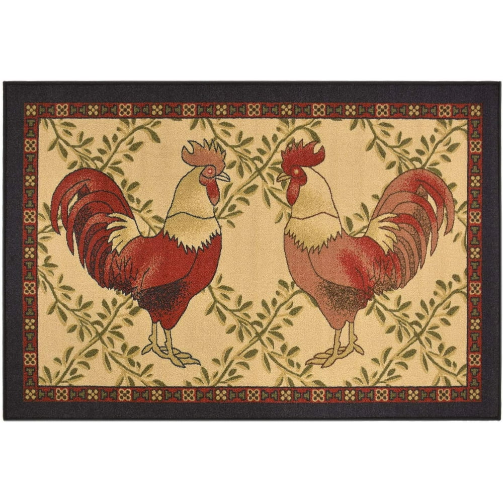 Kitchen Collection Rooster Area Rug Beige MultiColor Printed Slip