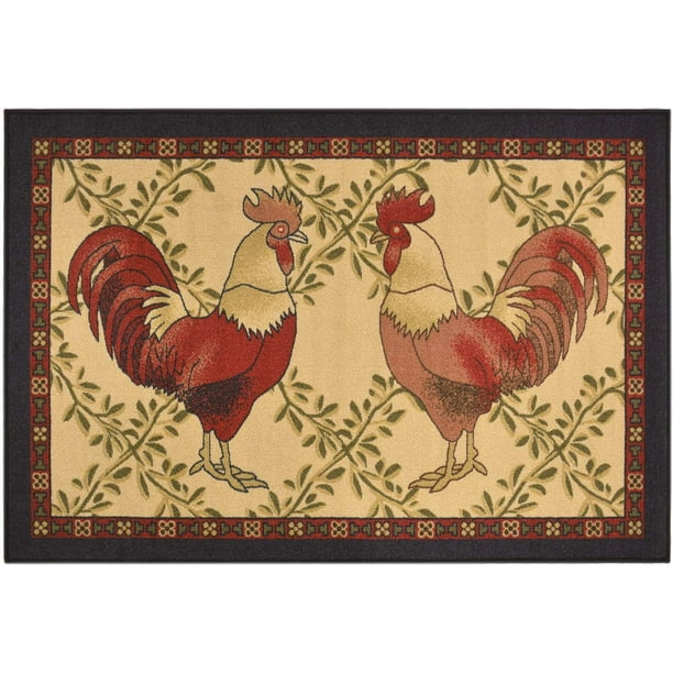 Kitchen Collection Rooster Area Rug Beige MultiColor Printed Slip