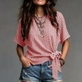 thumbnail image 2 of Women's Gingham Cotton Tops Summer Oversized Crew Neck Bow Tie Waist Blouse Fashion Casual Short Sleeve Daily Wear Shirt Red, 2 of 5
