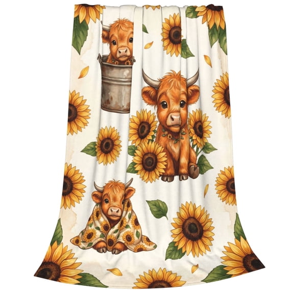 Highland Cow Blanket, Adorable Funny Highland Cow Sunflower Art, Highland Cow Blanket Gifts For Friends Family, Soft Flannel Fleece For Couch Sofa Travel Office Camping 50x40