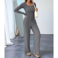 thumbnail image 6 of Women'S 2 Piece Matching Lounge Sets Fall Fashion Outfits Henley Neck Sweater Top Wide Leg Pants Sweat Suits Dark Gray M, 6 of 9