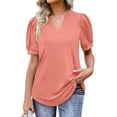 thumbnail image 3 of HUBERY Women V Neck Puff Short Sleeve Pleated Curved Hem Solid Color Top, 3 of 7