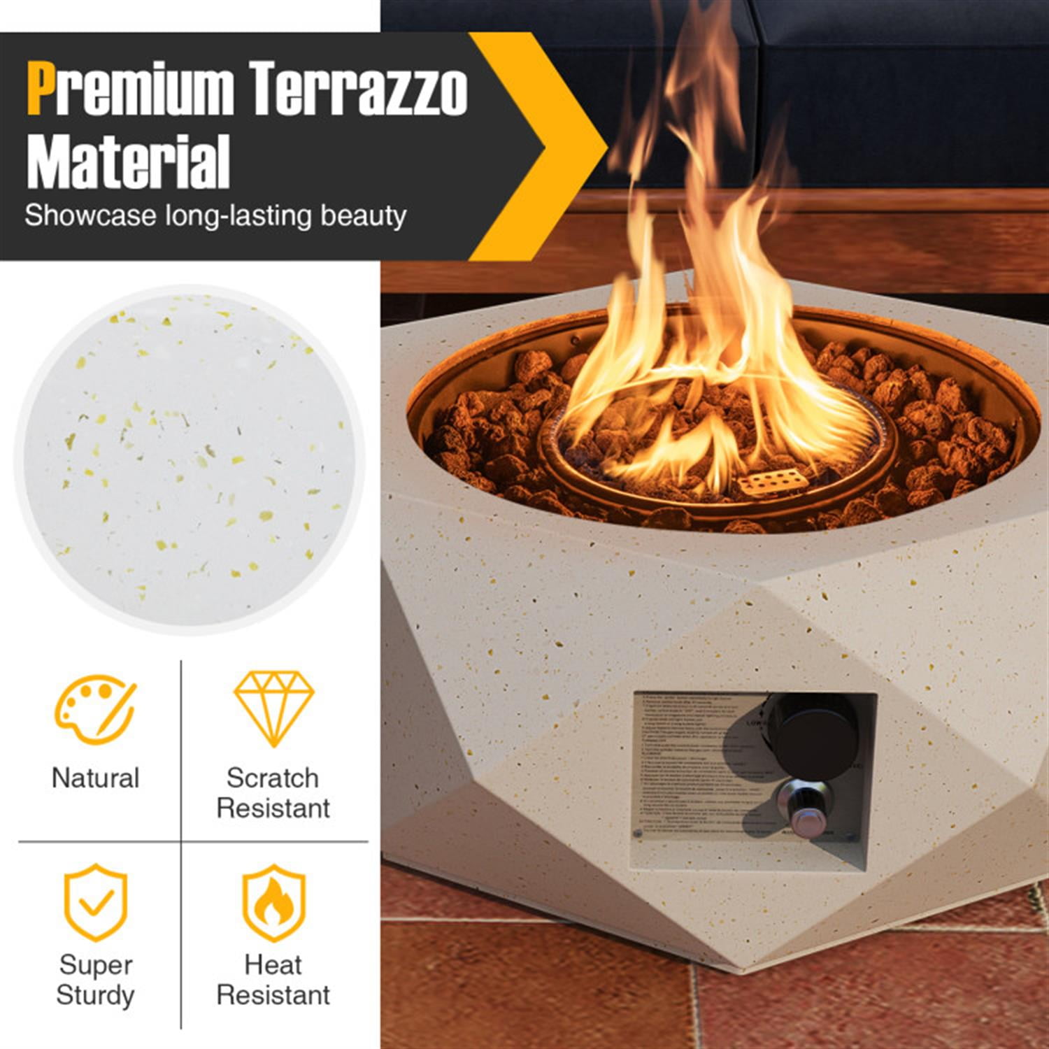 Demi Bonn 40000 BTU 28" Hexagon Terrazzo Propane Fire Pit Table with Stainless Steel Burner, White