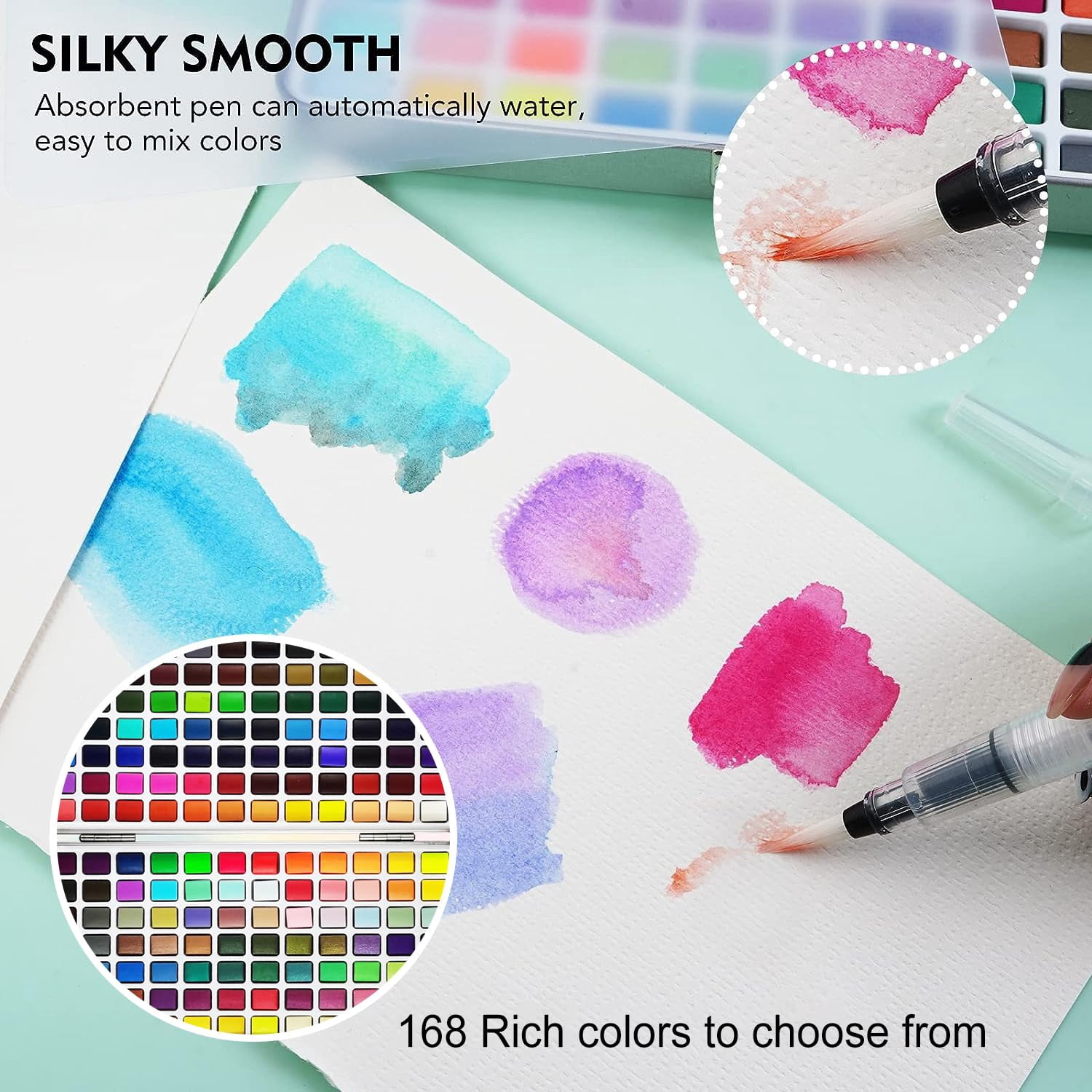 Watercolor Paint Set, 168 High Pigment Watercolor Painting Palettes with with metallic colors,fluorescen colors,macaron colors, for Artists,Painting Art Supplies for Adults