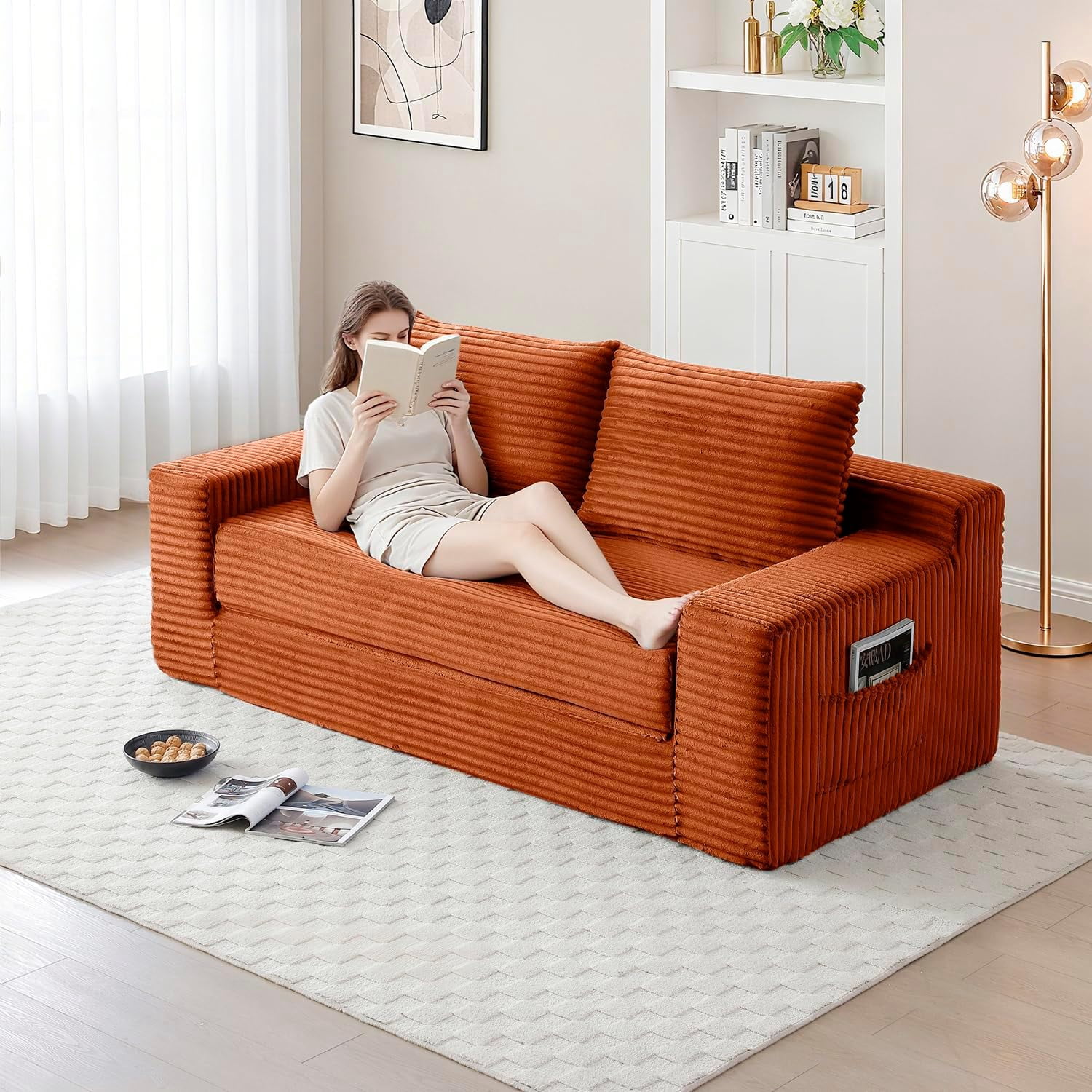 73" 2-in-1 Convertible Sofa Bed, Memory Foam Corduroy Loveseat, No Assembly, Orange