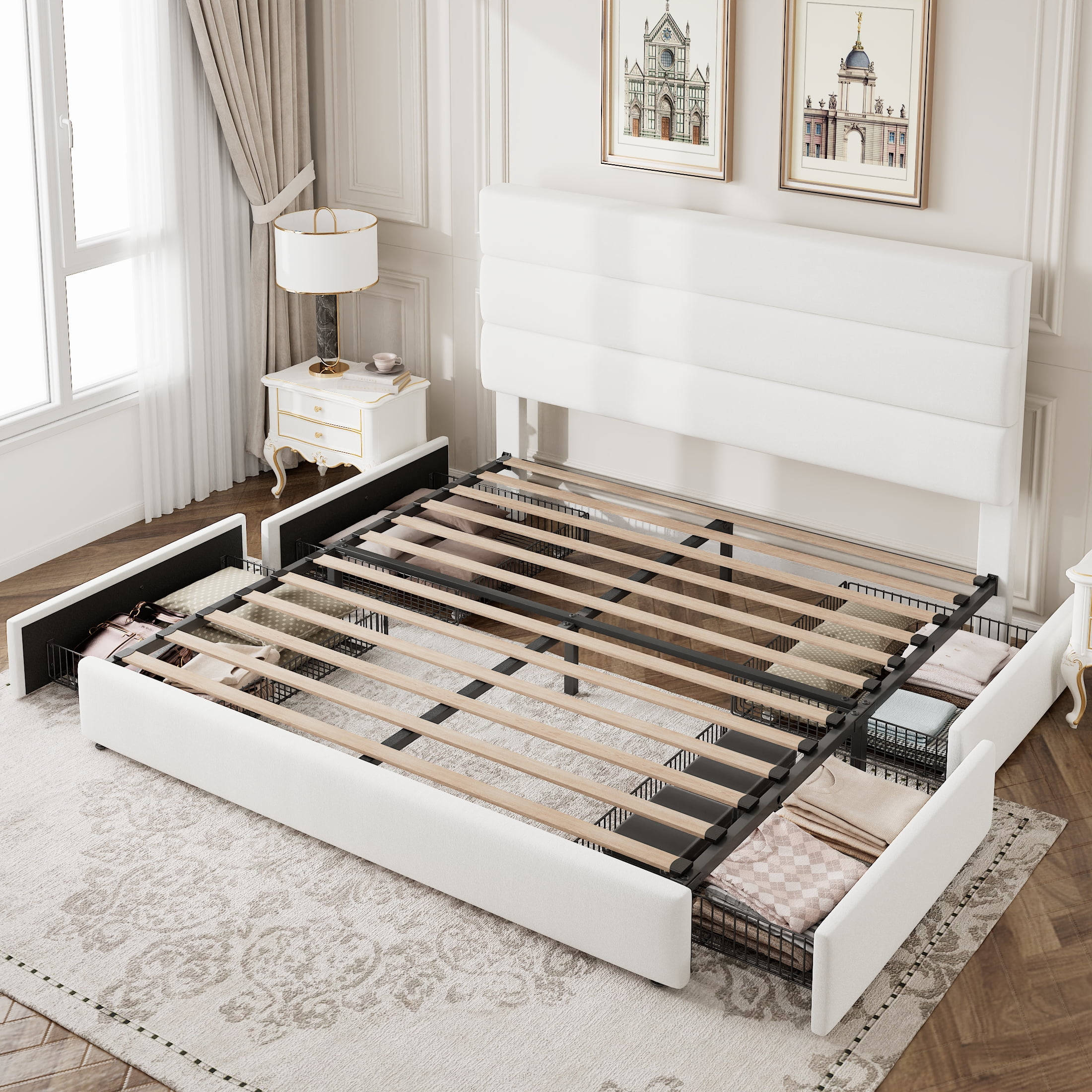 Amolife Full Size Storage Platform Bed Frame with 4 Drawers & Upholstered Velvet Slat Headboard, White