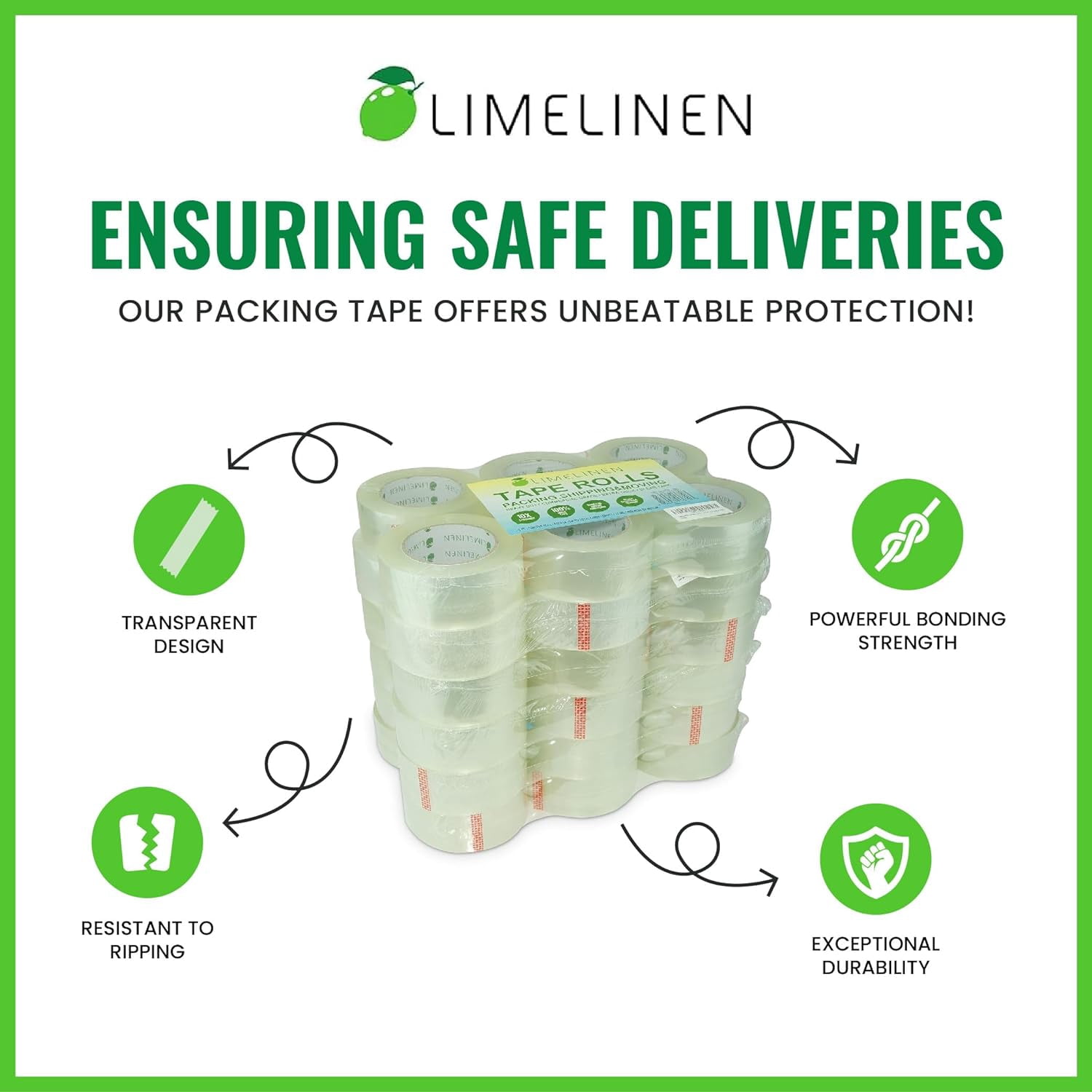 LIMELINEN Packing Tape for Moving, Packaging, Shipping - Clear - Heavy Duty Sealing Adhesive - 1.8 inch Wide, 2.7mil Thick, 65 Yards x 72 Rolls (4,680 Total Yards)