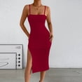 thumbnail image 4 of Qiopertar Women's Square Neck Spaghetti Strap Ruched Bodycon Midi Dress Cocktail Party Night Out Elegant Slit Sleeveless Fitted Solid Color, Wine S, 4 of 7