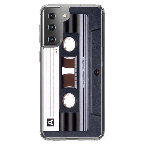 DistinctInk Clear Shockproof Hybrid Case for Galaxy S21  PLUS 5G (6.7" Screen) - TPU Bumper, Acrylic Back, Tempered Glass Screen Protector - Audio Cassette Tape
