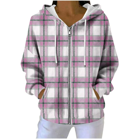 ZUKMRJPC Womens Zip Up Hoodie Long Sleeve Vintage Plaid Knitted Cotton Outwear Fall Winter Lightweight Hooded Sweatshirt with Pockets