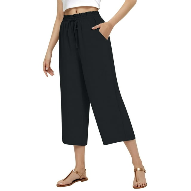 Ladies' Linen High Waisted Wide Leg Pants with Adjustable Drawstring for Casual Comfort and Style