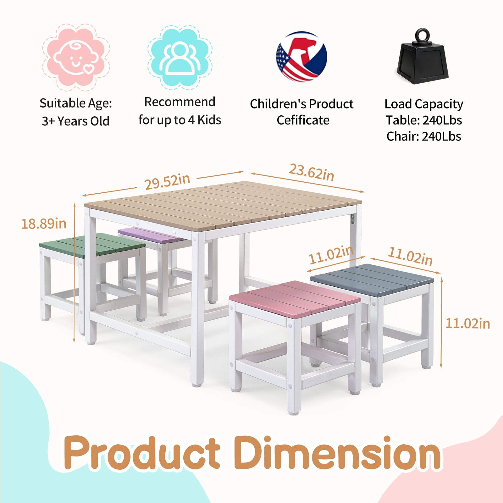 5-Piece Children'S Patio Table And Chair Set (1 Table + 4 Stools), 29.5in