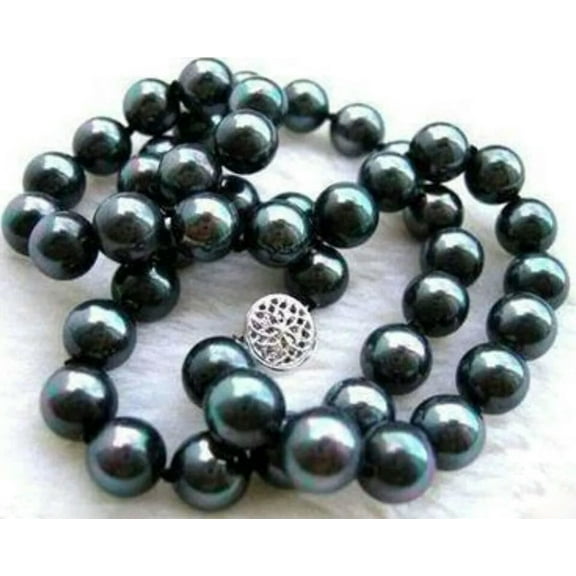 K-KED Beautiful 8mm Black Green South Sea Shell Pearl Round Beads Necklace 18" AAA