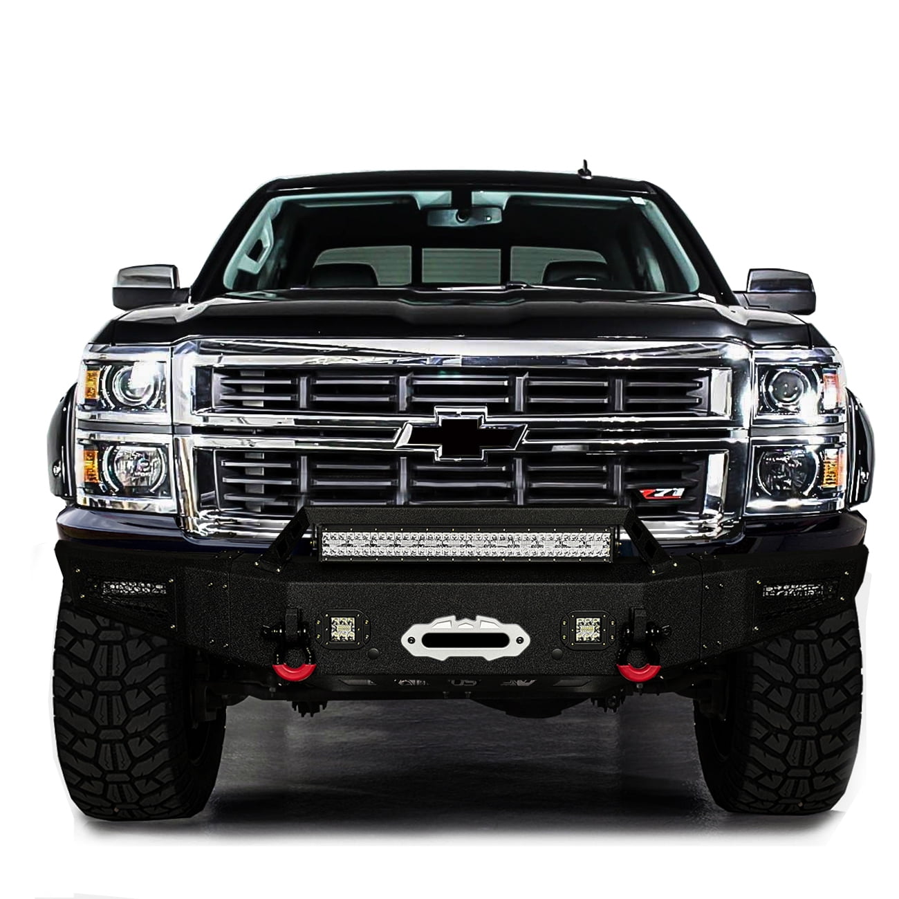 Vijay Compatible with 2014-2015 Chevrolet Silverado 1500 Front Bumper Textured Black Steel with Light and D-ring