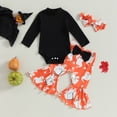 thumbnail image 2 of Okbabeha Baby Girl Halloween Outfit Long Sleeve Ribbed Romper Ghost Bell Bottom Pants Set Headband Cute Fall Clothes, 2 of 7