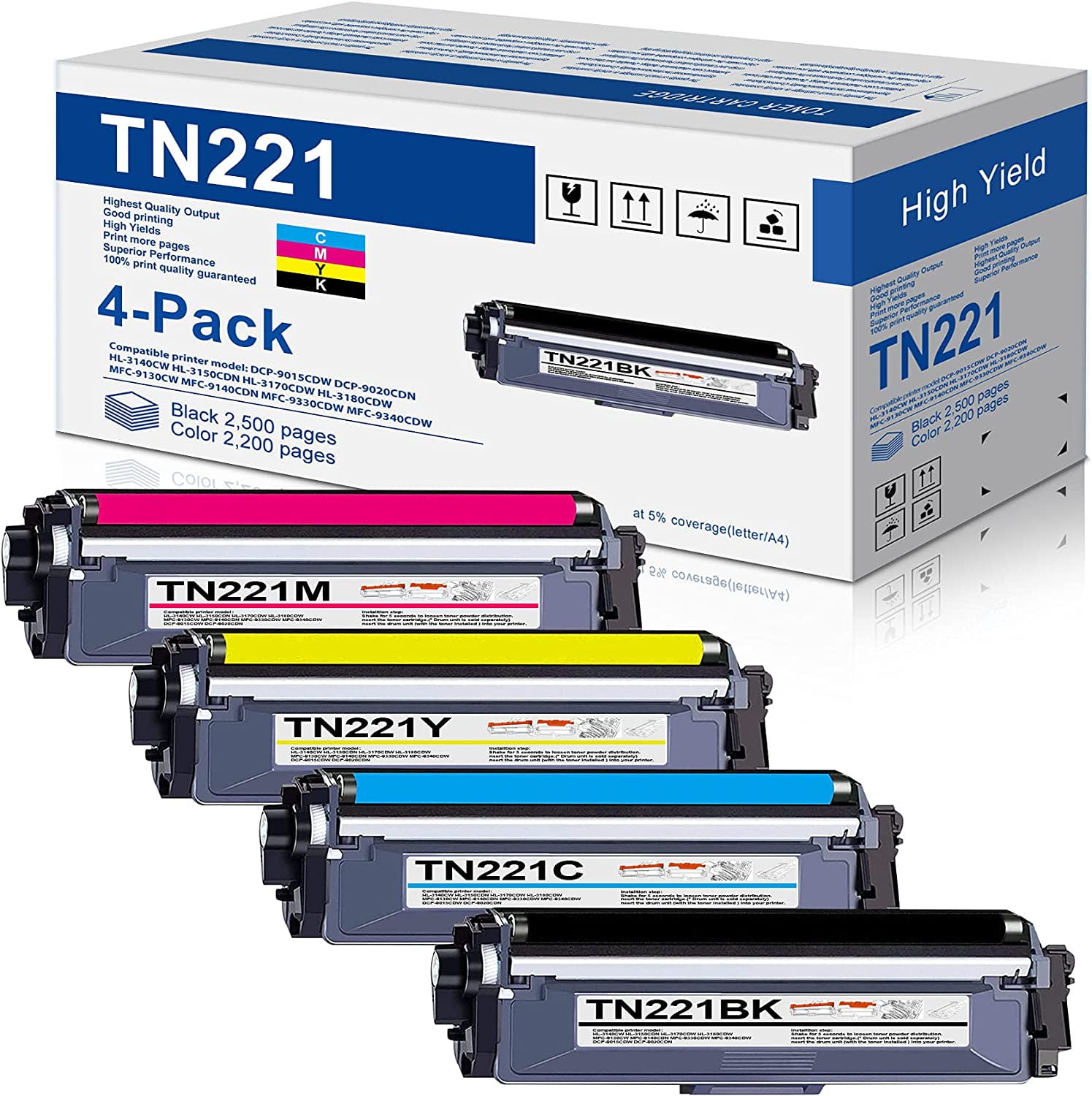 Meget rart godt Interconnect korrekt 4-Pack(1BK+1C+1M+1Y) Toner Cartridge Replacement for TN 221MFC-9130CW HL- 3140CW Printer - Walmart.com