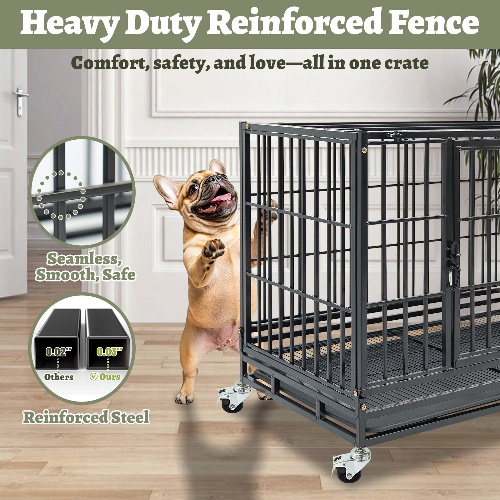 Homey Pet Stackable 36 Inch Dog Crate, Heavy Duty Dog Cage Escape Proof Collapsible Kennel with Open Top, Lockable Wheels, Removable Tray & Grid for Medium/Small Dogs