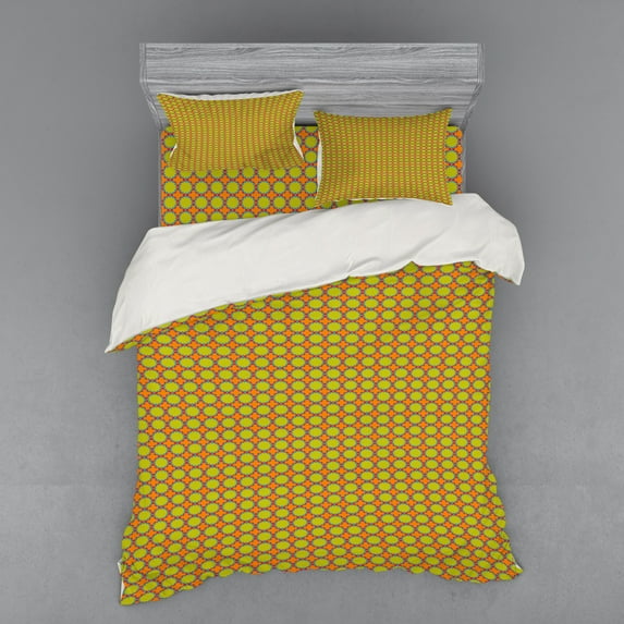 Ambesonne Oriental Bedding Set 4 Pcs, Vibrant Floral Rounds Art, Queen, Yellow Green Orange