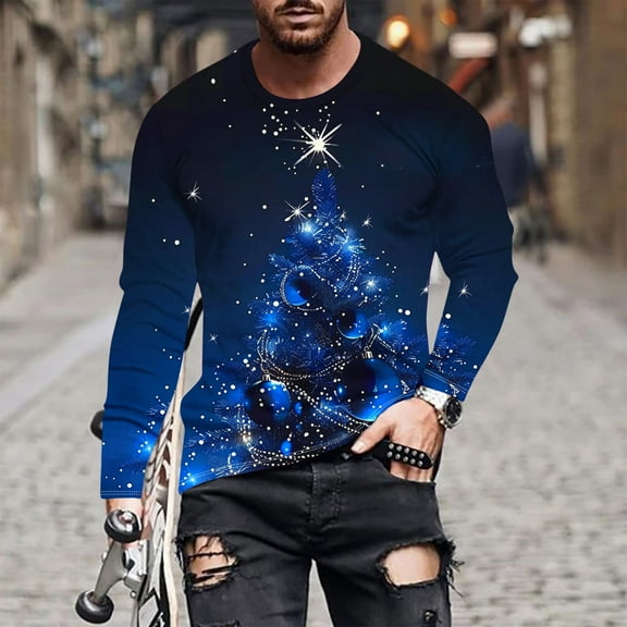 Brondbend Tops for Men Christmas Men's a Shirts Long Sleeves Crewneck Pullover Print Comfy Trendy Blouse Loose Fit Daily Clothes Blue