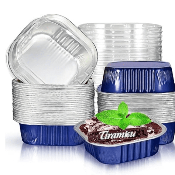 40 Sets Square Aluminum Foil Cake Pan 130 ml/ 4.4 Ounces Mini Disposable Dessert Cupcake Cup Pan with Lids Flan Baking Cups for Wedding Birthday Party(Dark Blue)