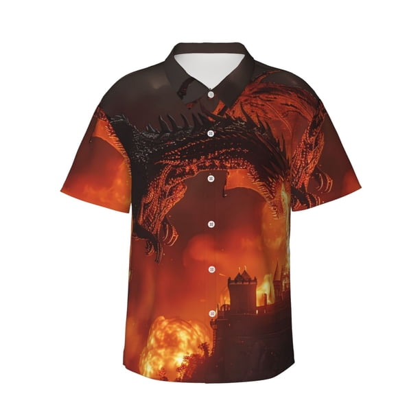 Balery Fiery Dragons Castle Attack Camisas hawaianas de manga corta para hombre, camisas playeras de corte holgado, camisas de vacaciones con botones,Medium