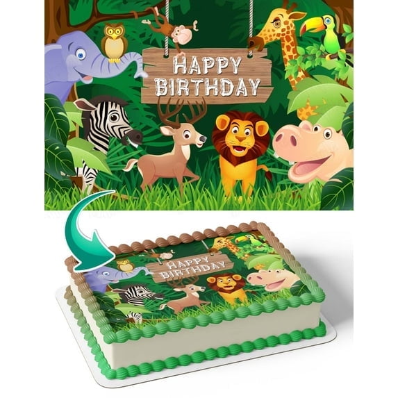 Wild Jungle Animals Happy Birthday Edible Image Cake Topper For Half Sheet Cake By TNCT