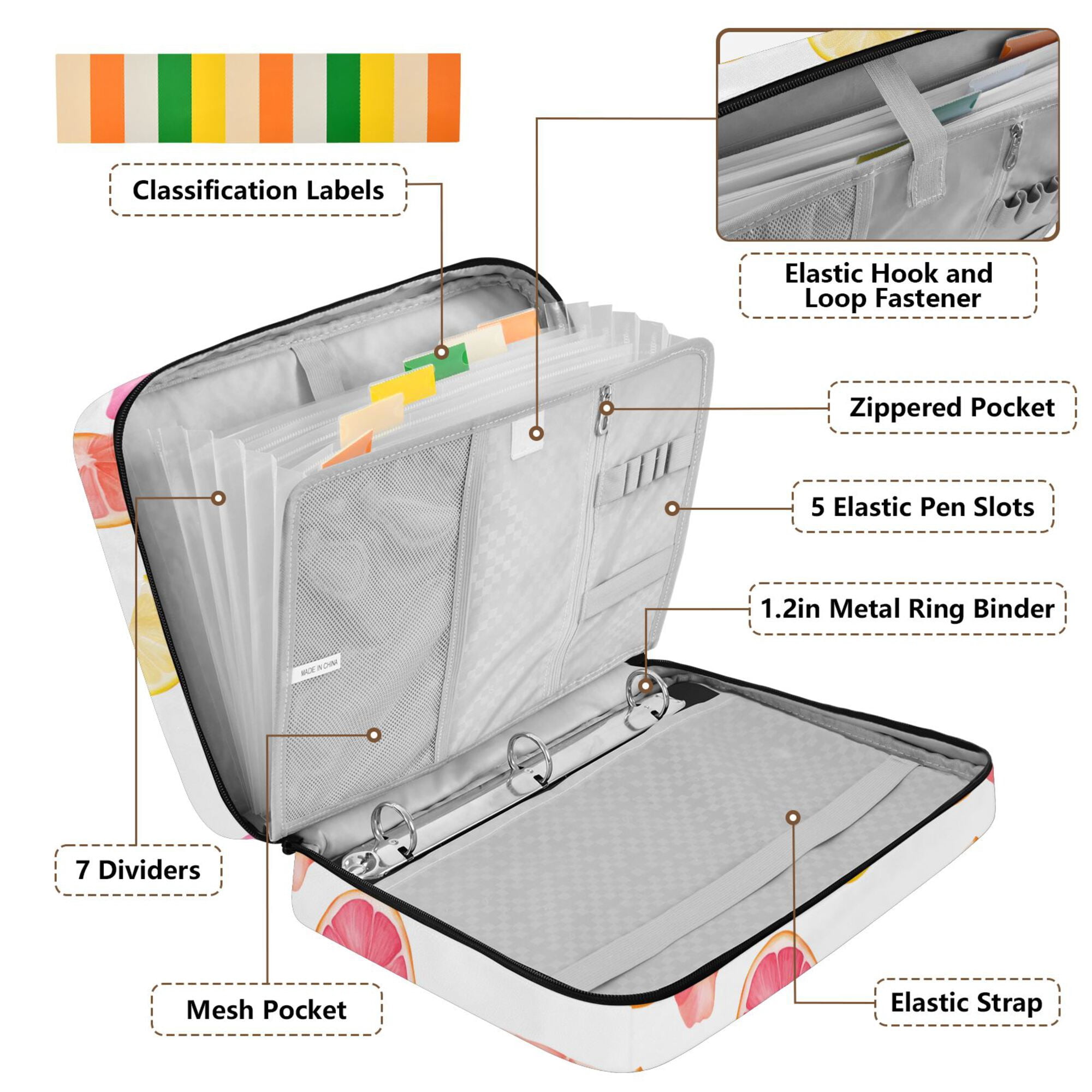 FORMRS Accordion File Folder A4 Size 7-Pocket Expanding Document Organizer Bag with 3 Ring Binder, White Grapefruit Slices