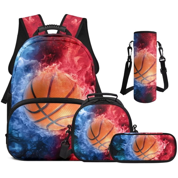 Bulopur Teen Boys 17 Inch Backpack Set 4 Piece Fire Water Basketball Print School Bookbag with Lunch Box, Water Bottle Holder and Pencil Case for Boys Aged 8-14 for Sports and Daily School Use