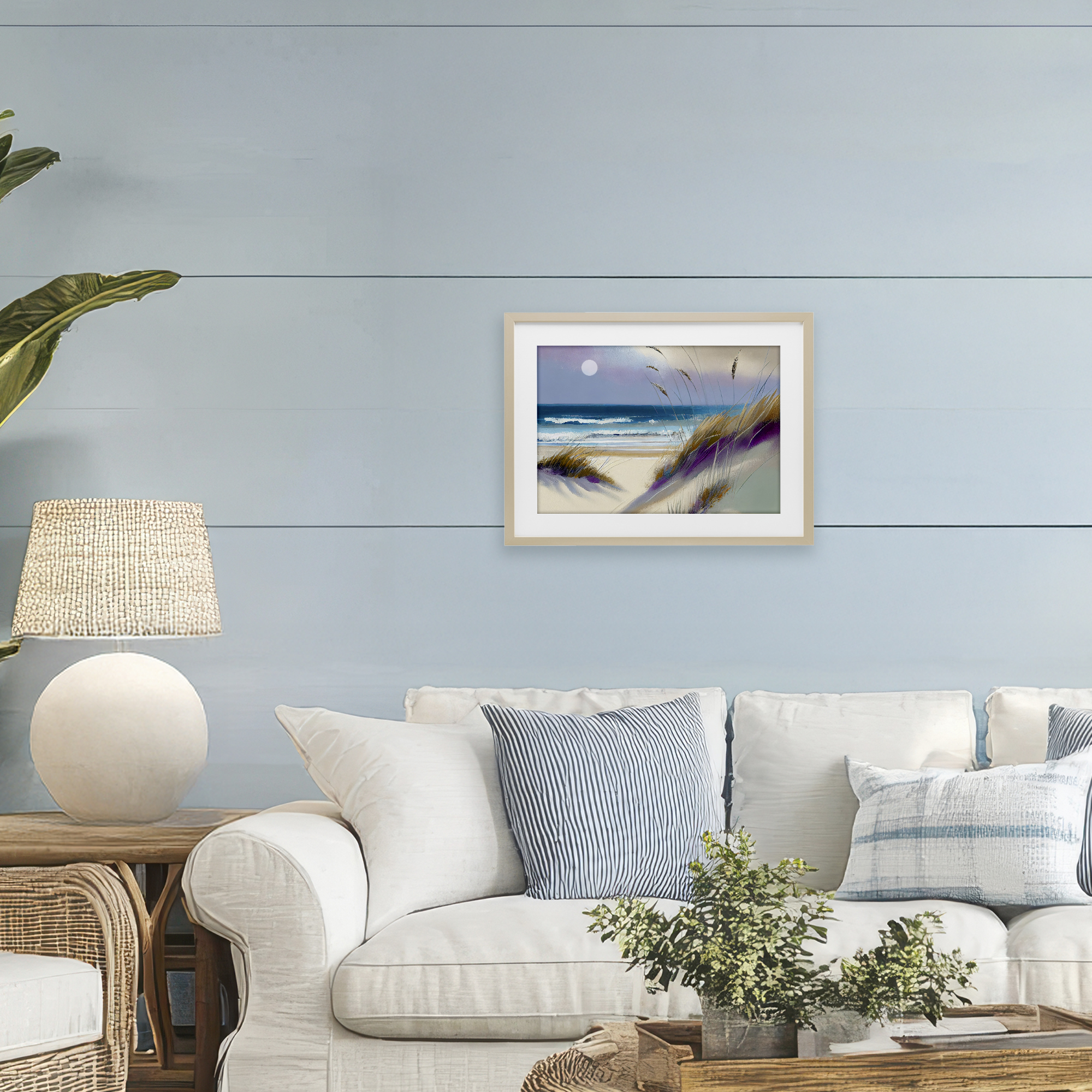 Beach Dunes Serenity Birch Framed Print Under Glass, design by Sasha